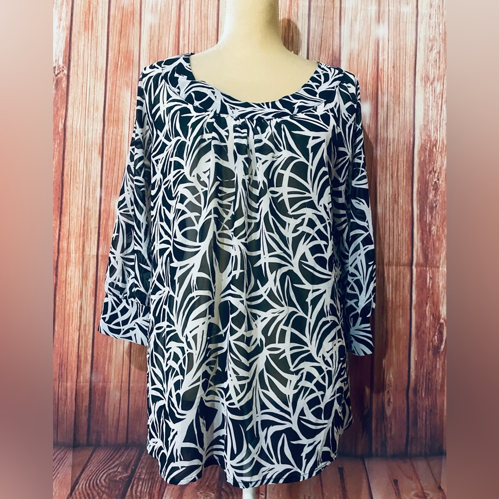 Women's XL Blouse Worthington Black White Sheer 3/4 Sleeves Back Zipper Silky